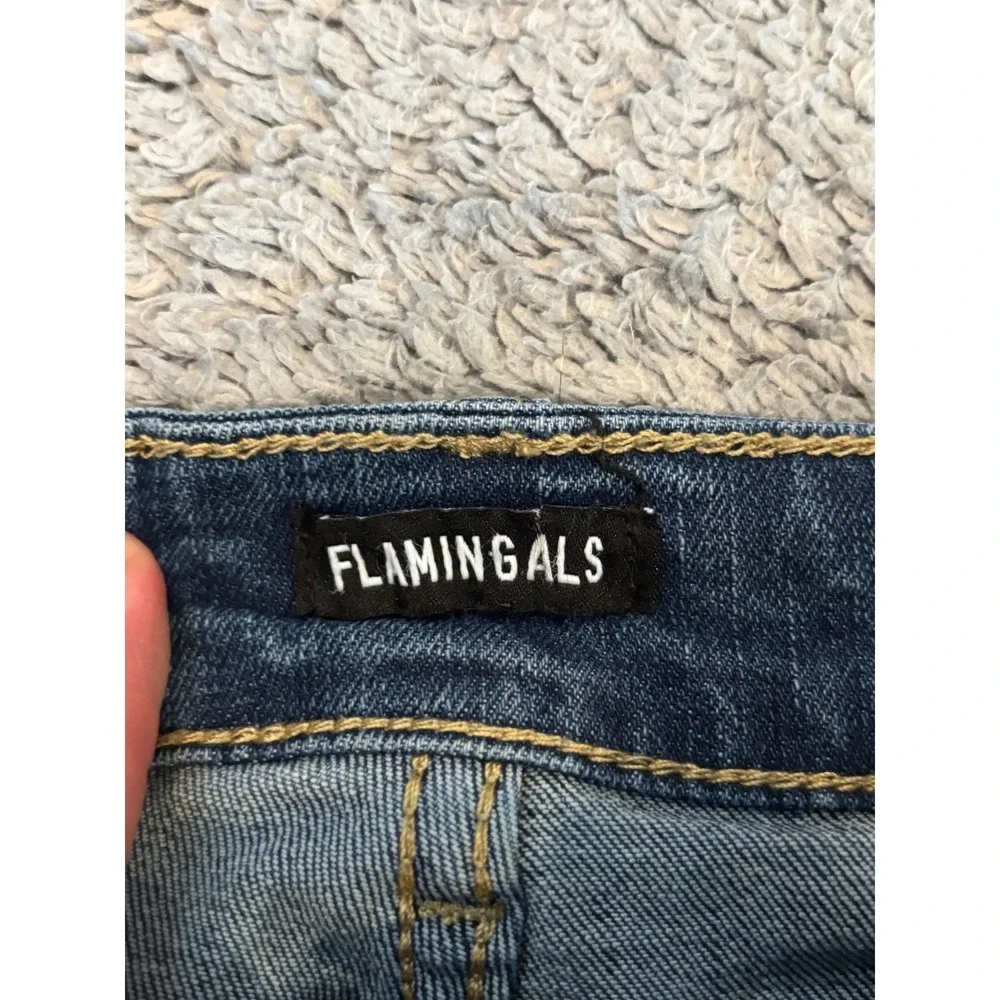 Flamingals Flare Leg Jeans Womens Size L Blue Denim Flap Pocket High Rise